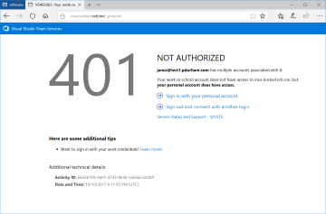 Screenshot showing VSTS prompt to sign in with a different account